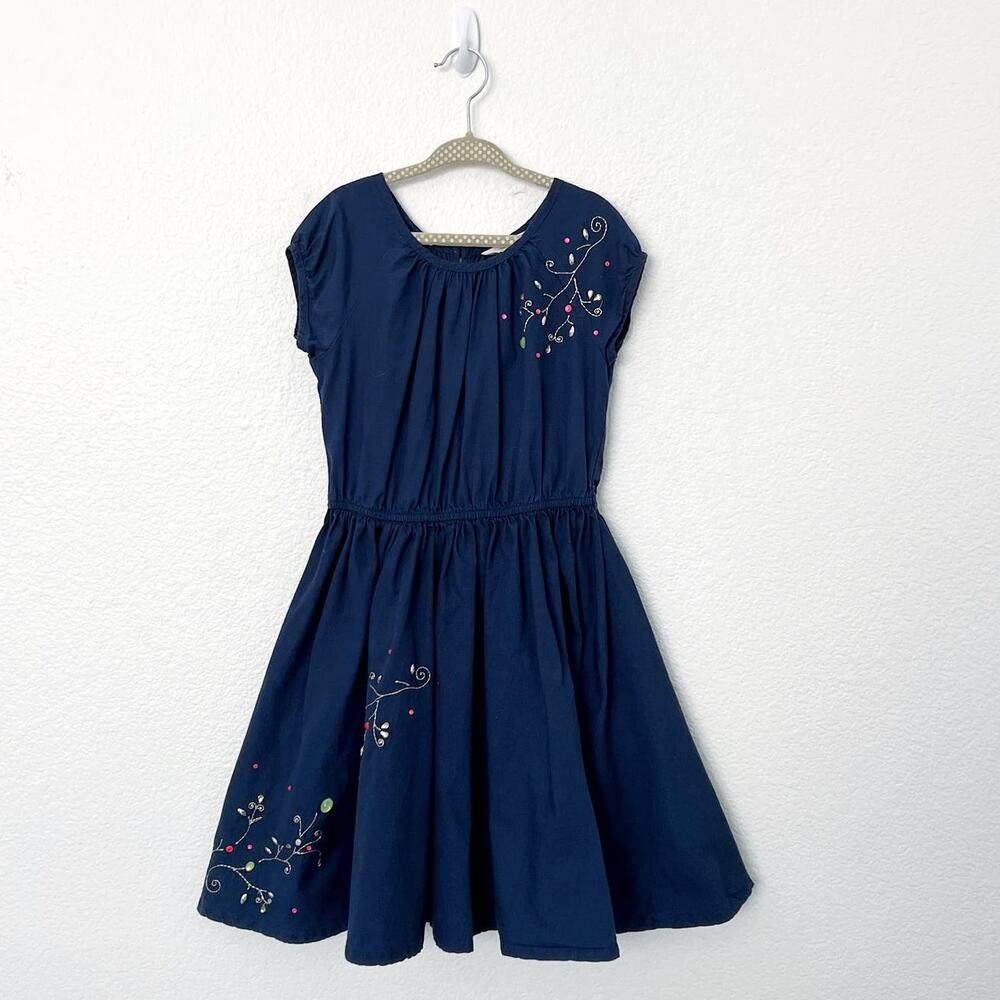 [Lands' End] Navy Blue Crew Neck Fit & Flare Dress Rhinestone Branch Girl's Sz 5